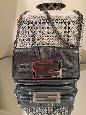 Fendi Metallic Charcoal Gray Chain Crossbody Bag